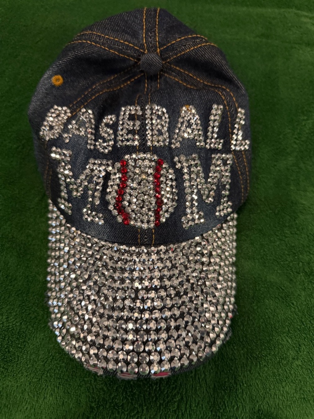 Rhinestone 'Baseball Mom' Denim Baseball Cap - Silver Crystal